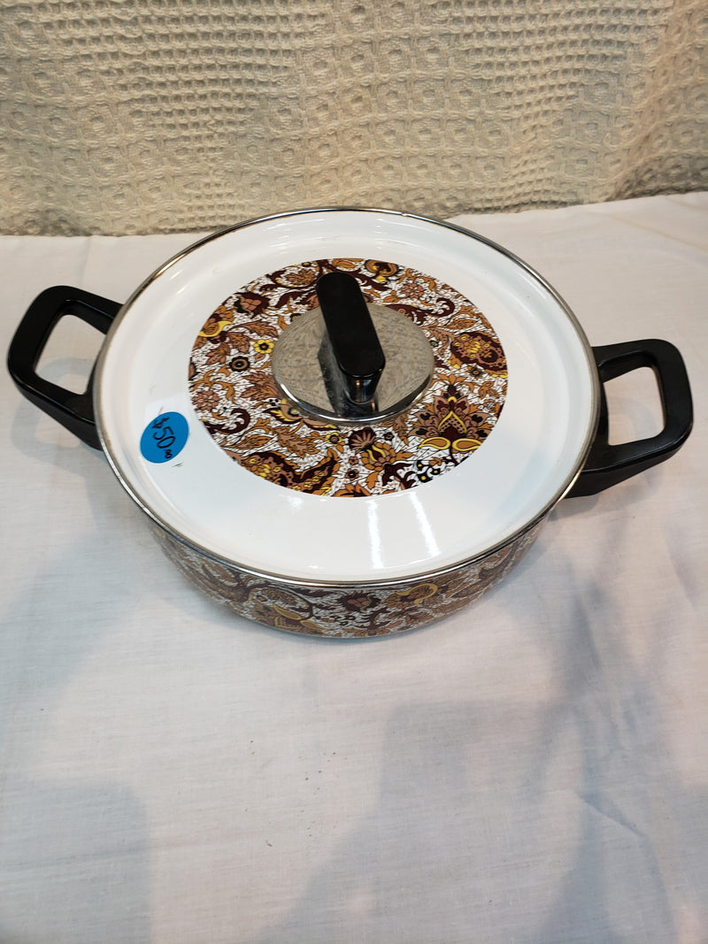 Vintage Enamel Brown and Gold Paisley Fancipan With Lid