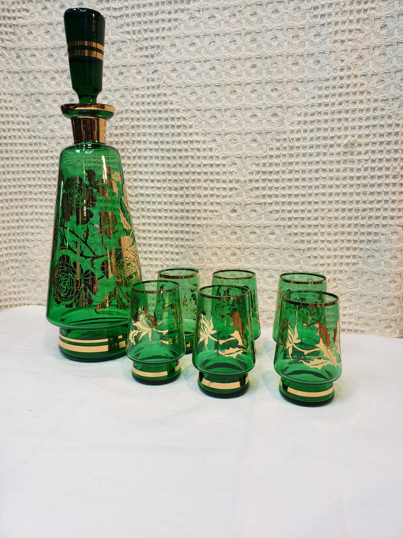 Bohemian Green & Gold Rose Decanter and Glass Set