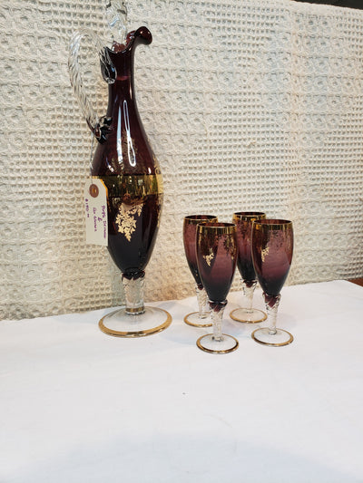 Vintage Purple Brandy Decanter and Four Glasses Set