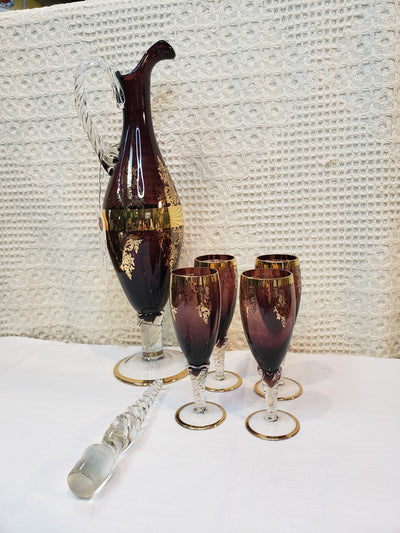 Vintage Purple Brandy Decanter and Four Glasses Set