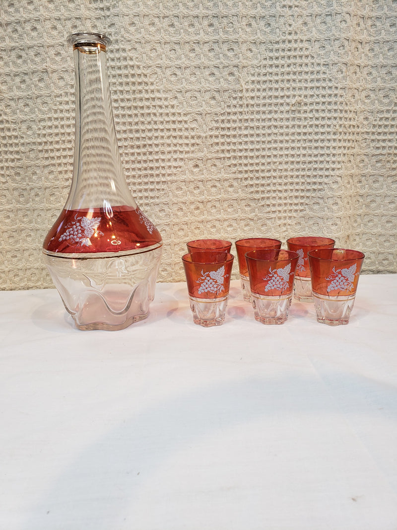 Frosted Cranberry Red Decanter and Six Shot Glasses Set