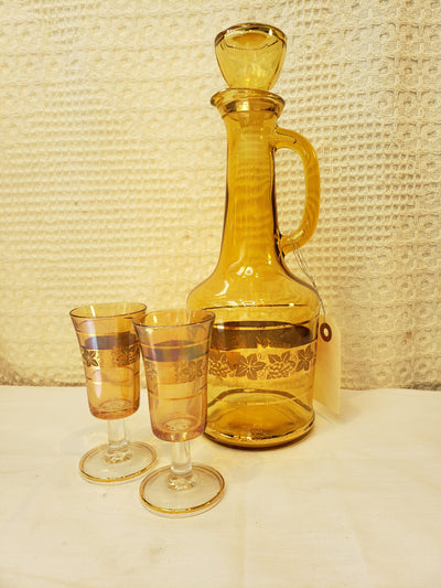 Vintage Himark Italy Gold Leaf & Grape Decanter And two Glasses
