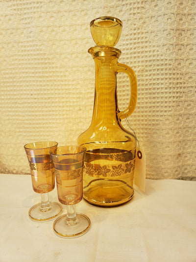 Vintage Himark Italy Gold Leaf & Grape Decanter And two Glasses