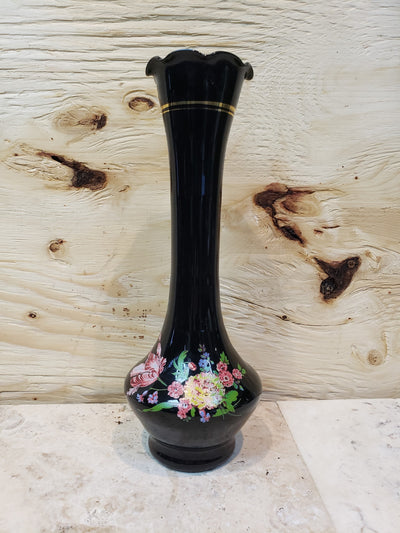 Black Amethyst Blown glass Vase With Enamel Painted Flowers