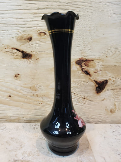 Black Amethyst Blown glass Vase With Enamel Painted Flowers