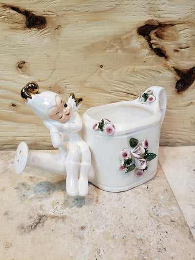 Vintage Lefton Handpainted Ceramic Winking Pixie Watering can
