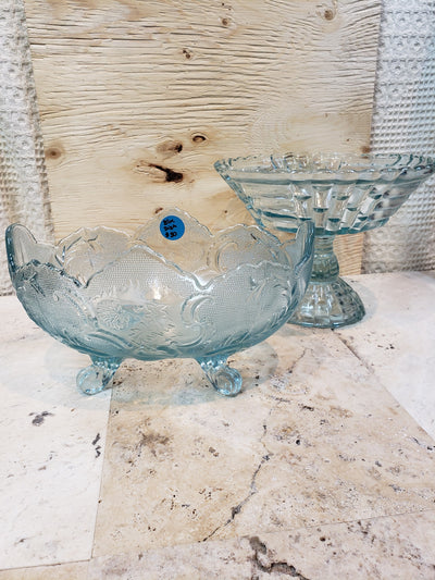 Jeannette Lombardi Ice Blue Textured Glass Footed Oval Fruit Bowl