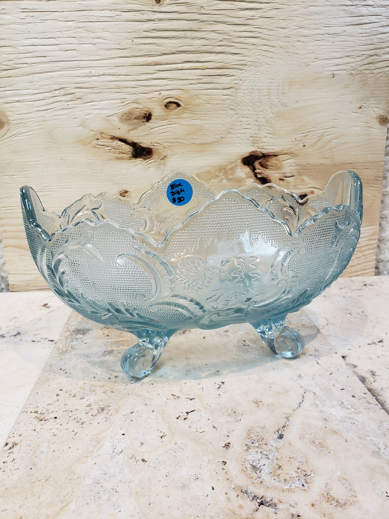 Jeannette Lombardi Ice Blue Textured Glass Footed Oval Fruit Bowl
