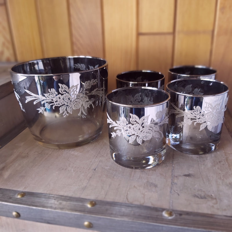 Mid Century Modern Silver Fade Glasses and Ice Bucket with Etched Roses