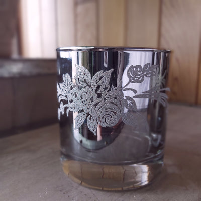 Mid Century Modern Silver Fade Glasses and Ice Bucket with Etched Roses